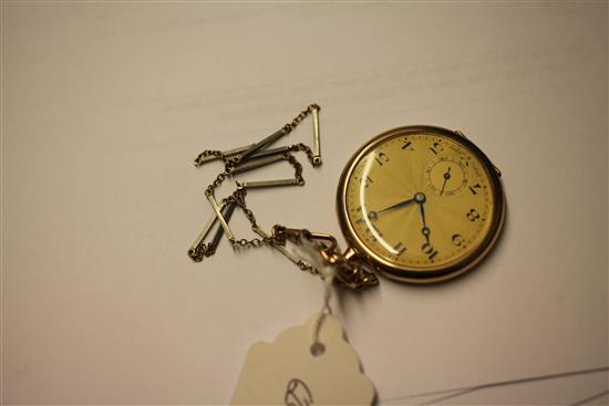 A gentlemans 9ct gold keyless lever dress pocket watch and chain.